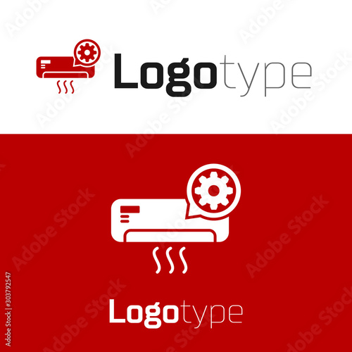 Red Air conditioner and gear icon isolated on white background. Adjusting app, service concept, setting options, maintenance, repair, fixing. Logo design template element. Vector Illustration