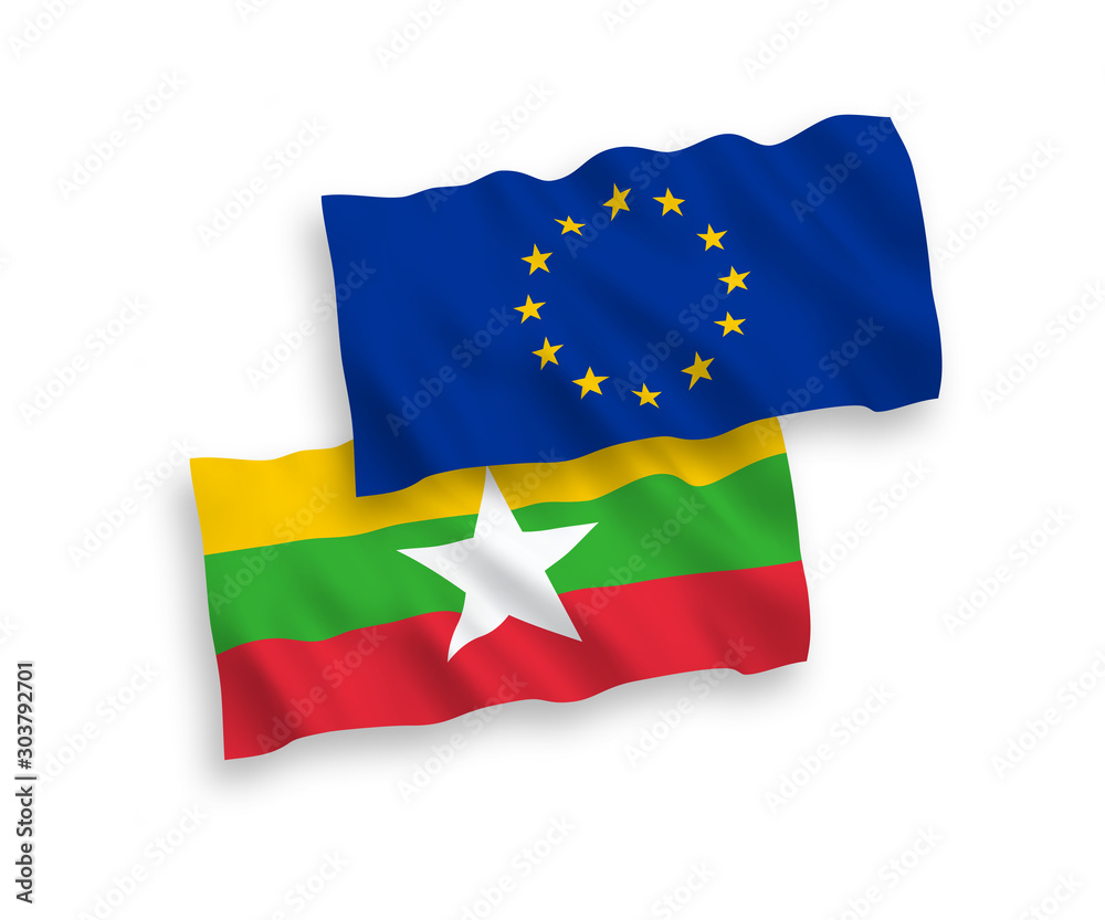 Flags of European Union and Myanmar on a white background Flags of European Union and Myanmar on a white background