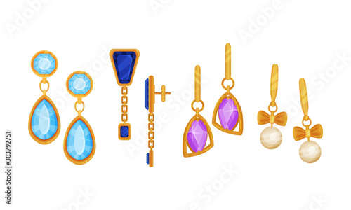 Gold Earings Vector Set. Expensive Detailed Woman Items
