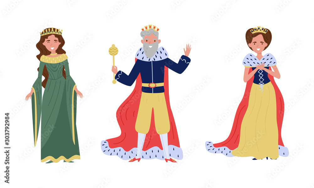 Medieval Royal Family Members Vector Illustrations. King and Queen Characters