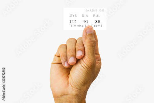 Hand holding medical paper blood pressure record isolated on white background