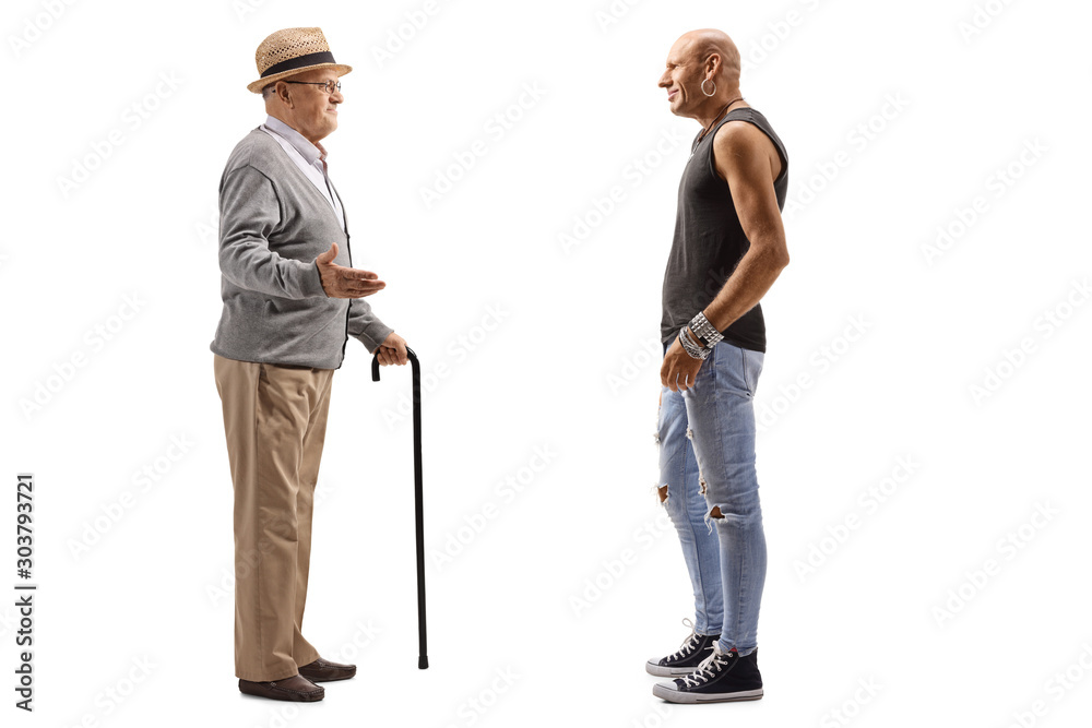 Senior talking to a hipster man Senior talking to a hipster man