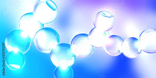 Model of the molecule on a blue and violet background. Abstract 3d illustration relevant to scientific, chemical, and physical subjects.