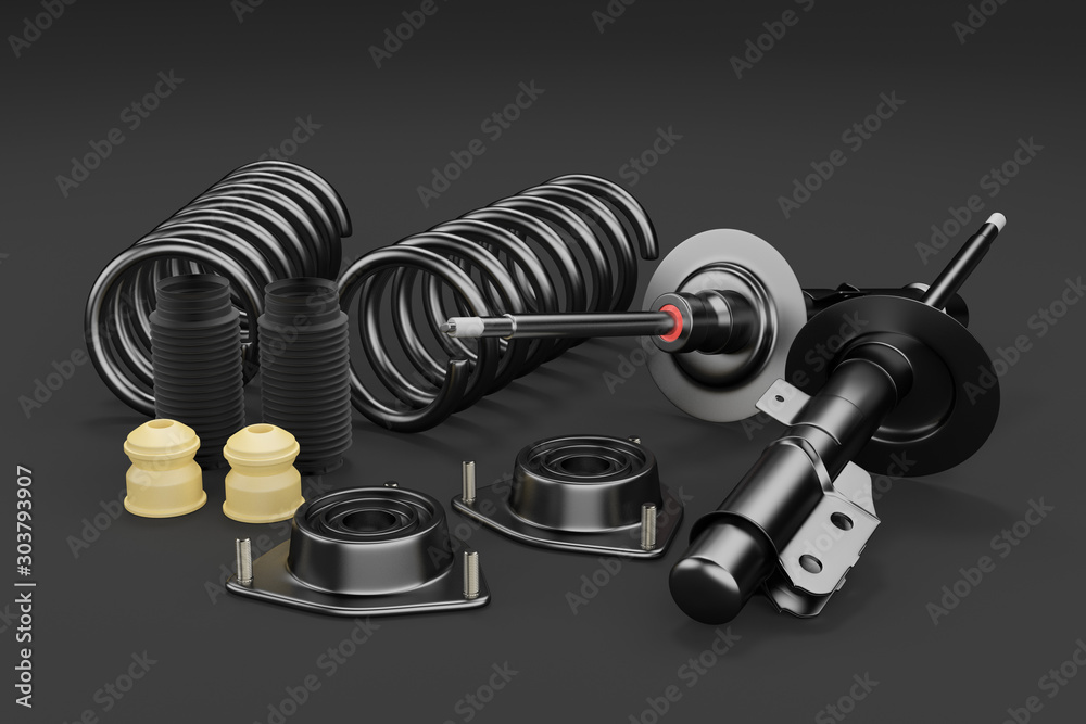 3D rendering. Passenger car Shock Absorber with dust cap, buffer mounting and strut mounting - new auto parts, spare parts. Spare parts for shop, aftermarket OEM 3D rendering. Passenger car Shock Absorber with dust cap, buffer mounting and strut mounting - new auto parts, spare parts. Spare parts for shop, aftermarket OEM