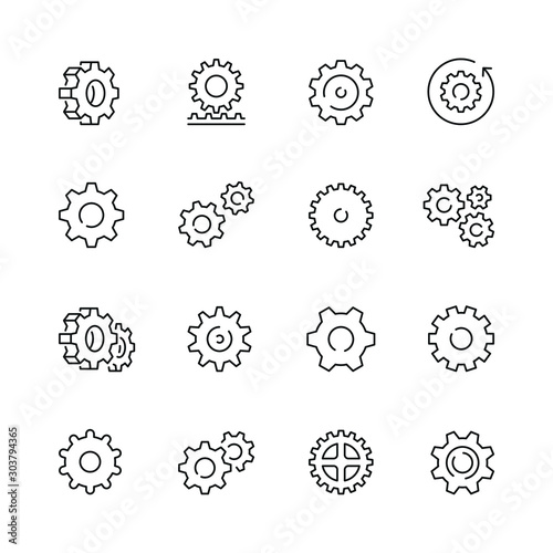 Gear related icons: thin vector icon set, black and white kit