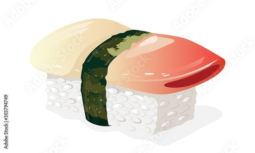 Hokkigai sushi. Boiled rice topped with piece of shellfish and wrapped around with strip of nori seaweed. Asian seafood, snack. Vector realistic illustration isolated on white background.