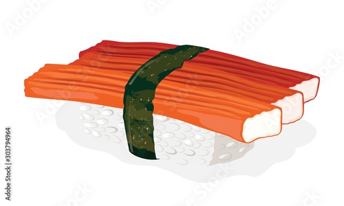 Kani sushi cooked from crab meat sticks, boiled rice and nori seaweed. Vector realistic illustration isolated on white background for menu of japanese take away bar or restaurant, recipes.