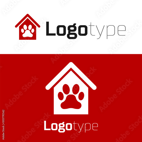 Red Dog house and paw print pet icon isolated on white background. Dog kennel. Logo design template element. Vector Illustration