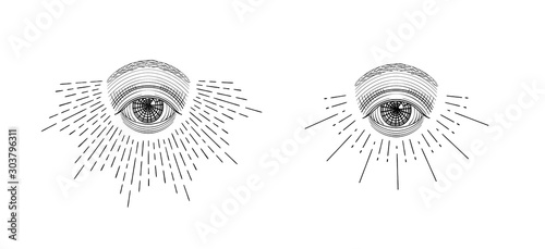 Vector all-seeing eye, eye in the sky with light ray, symbol of the Masons, Illuminati, monochrome hand drawn sketch
