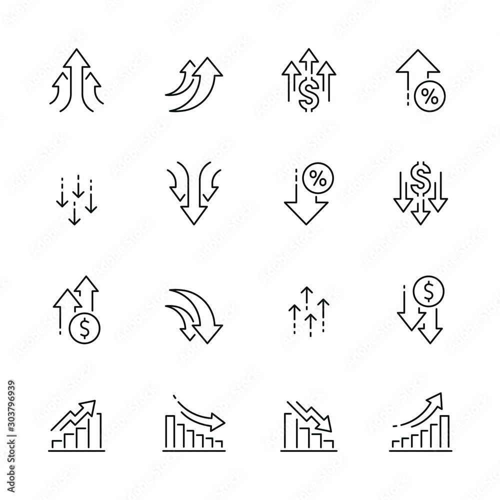 Increase and decrease related icons: thin vector icon set, black and white kit Increase and decrease related icons: thin vector icon set, black and white kit