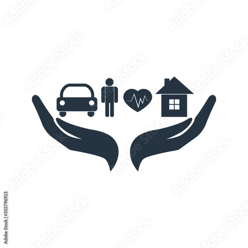 Insurance vector icon on white background. Conceptual design of insurance policy services. Hands hold car, health, family, life insurance icons