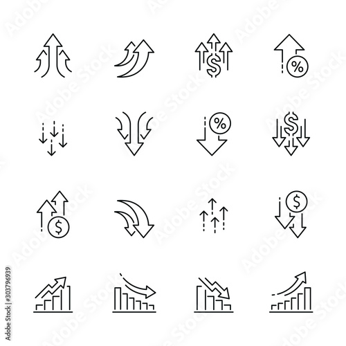 Increase and decrease related icons: thin vector icon set, black and white kit