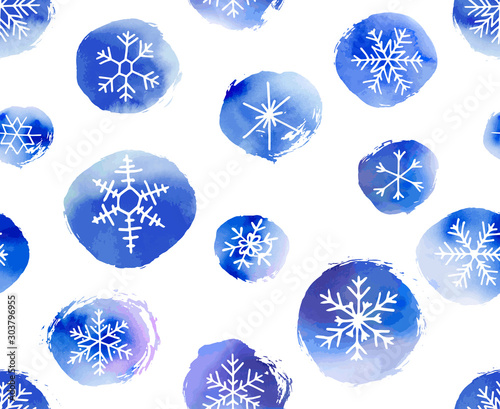Seamless winter pattern of artistic blue snowflakes with watercolor texture. Stock vector set. For printed materials, prints, posters, cards, logo. Holiday background. Hand drawn decorative elements