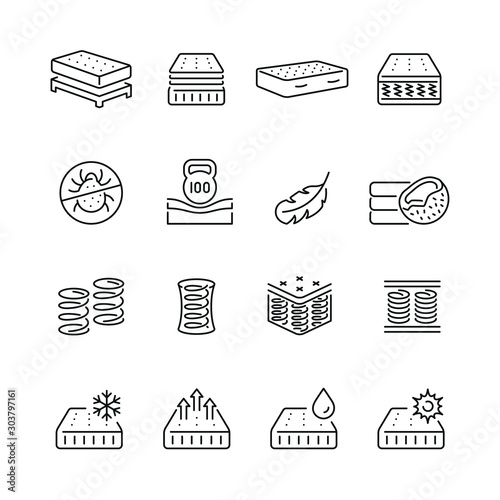 Mattress related icons: thin vector icon set, black and white kit photo