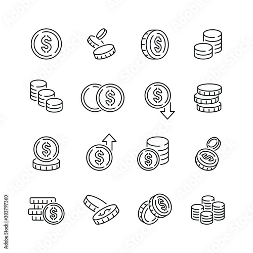Coins related icons: thin vector icon set, black and white kit photo