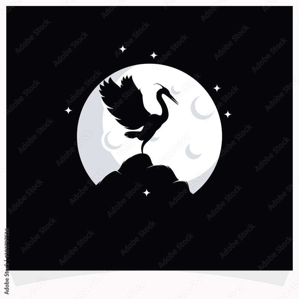 Heron Silhouette with Moon Background Logo Design Template