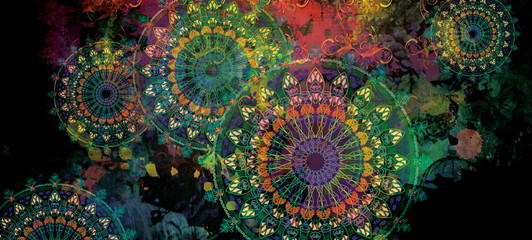 Leinwandbilder Mandala mandala colorful vintage art, ancient Indian vedic background design, old painting texture with multiple mathematical shapes  © RAKR