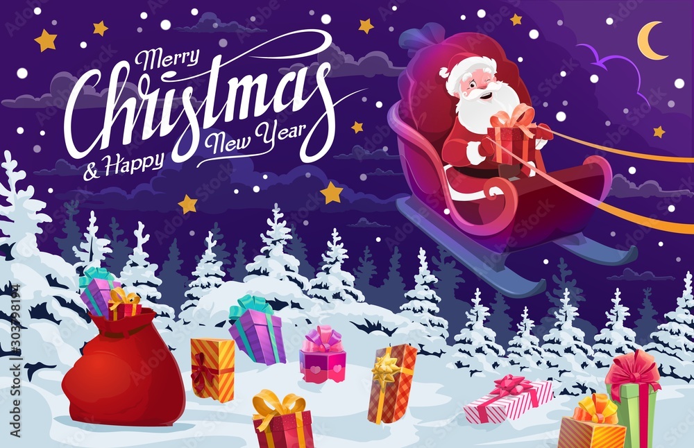 Santa with Christmas gifts flying on deer sleigh - obrazy, fototapety, plakaty 