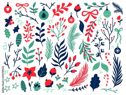Set of lovely hand-drawn winter elements. Christmas vector illustration with floral graphic design. Great for wallpaper, website, postcard, banner, print or ads.