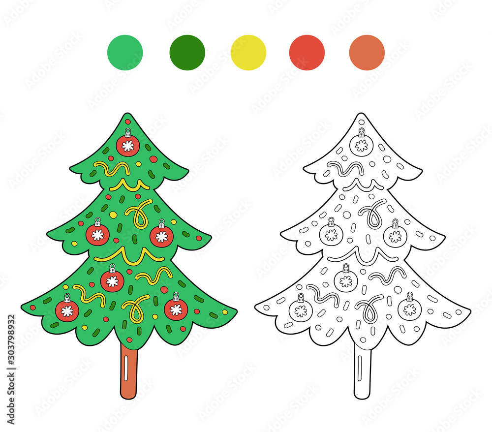 Coloring page outline of cartoon cute christmas tree. Monochrome and
