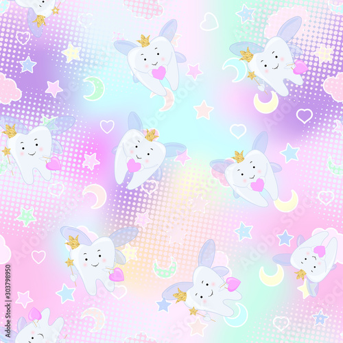 Tooth fairy. Vector cartoon illustration. Stylized tooth Seamless pattern, background