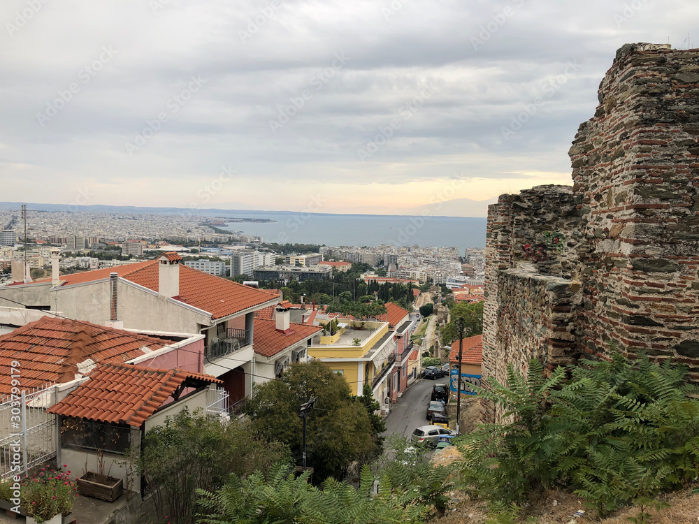 Ruins of an ancient byzantine fortress wall in Thessaloniki, Greece
