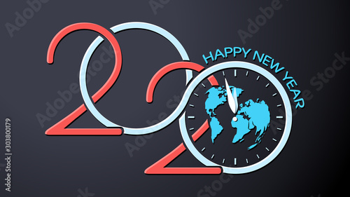 Happy New Year 2020. Festive inscription on a black background with abstract clock and planet Earth. Vector illustration. Logo template for the design of Christmas greetings  invitations  calendars.