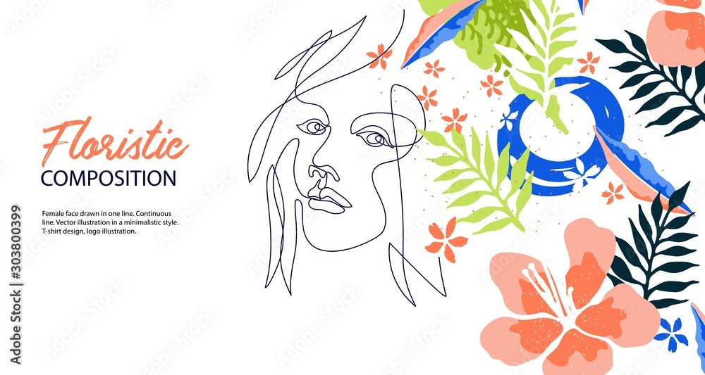 Female profile drawn in one line. Silhouettes of flowers. Horizontal banner.