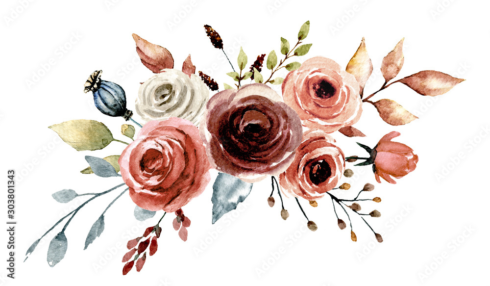 Obraz Flowers watercolor, floral clipart. Bouquet roses perfectly for printing design on invitations, cards, wall art and other. Isolated on white background. Hand painting.