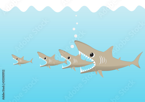 Big shark fish eating small shark, big fish eats small fish business concept vector illustration