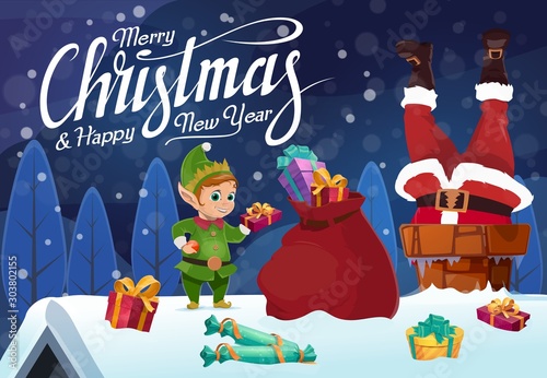 Santa with Christmas gift stuck in chimney on roof