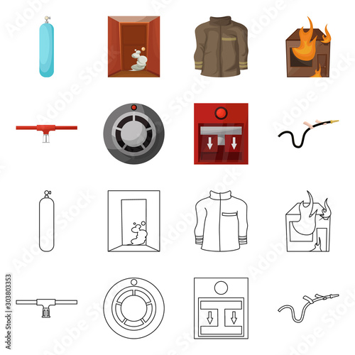 Vector illustration of firefighters and fire icon. Collection of firefighters and equipment stock symbol for web.