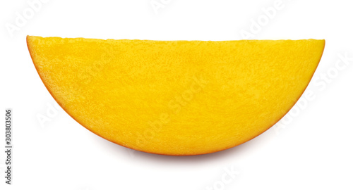 Mango fruit slice isolated on white background with clipping path. Flat lay, top view