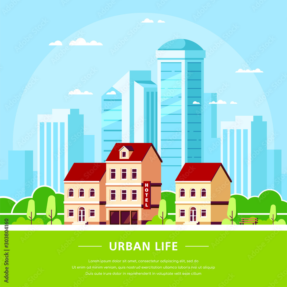 Urban landscape illustration, flat style banner design