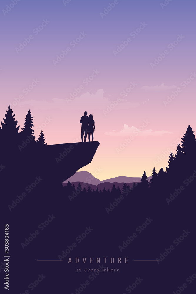 couple on a cliff adventure in nature with mountain view vector illustration EPS10