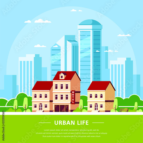 Urban landscape illustration, flat style banner design