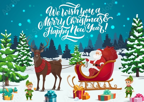 Christmas sleigh with Santa, elves and Xmas gifts