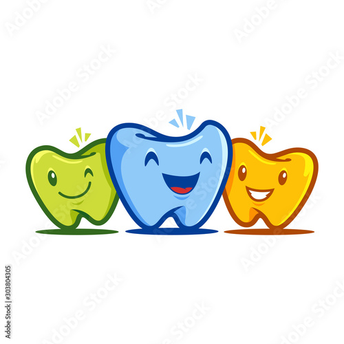 Three colorful happy tooth mascot or character design in vector format