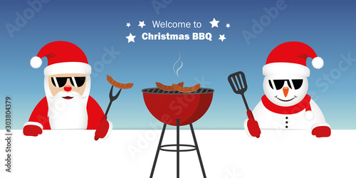 cute santa claus and snowman with sunglasses at christmas bbq vector illustration EPS10