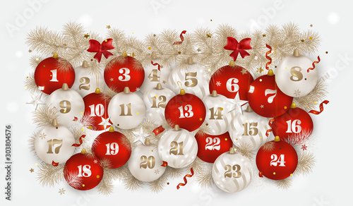 Christmas advent calendar.New Year 2020 greeting card.Red, pearl white christmas balls with number of the day of december, fir branches, 3d stars,confetti, serpentine on the white background. Vector.