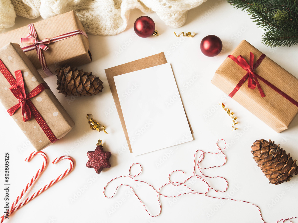 Paper card for letter, envelope and xmas decoration. Flat lay for Merry Christmas or Happy New Year. top view. Copy space Paper card for letter, envelope and xmas decoration. Flat lay for Merry Christmas or Happy New Year. top view. Copy space