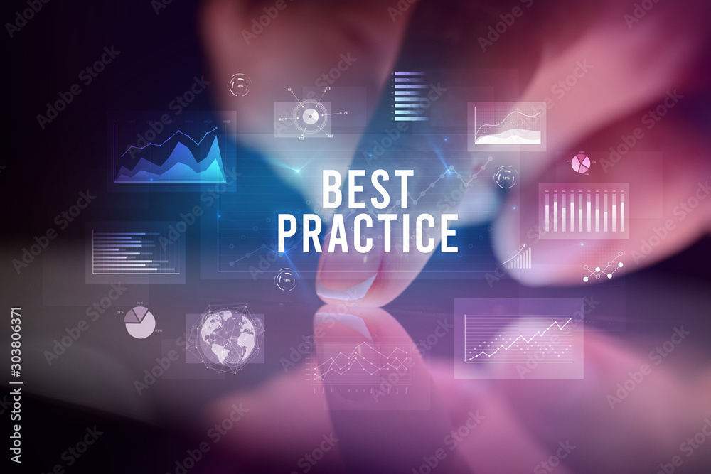 Finger touching tablet with charts and BEST PRACTICE inscription, business concept Finger touching tablet with charts and BEST PRACTICE inscription, business concept