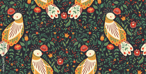 Seamless pattern illustration of a beautiful floral wreath with a cute folk bird. The concept for Wallpaper, cloth design, textile, wrapping, wallpaper, covers. photo