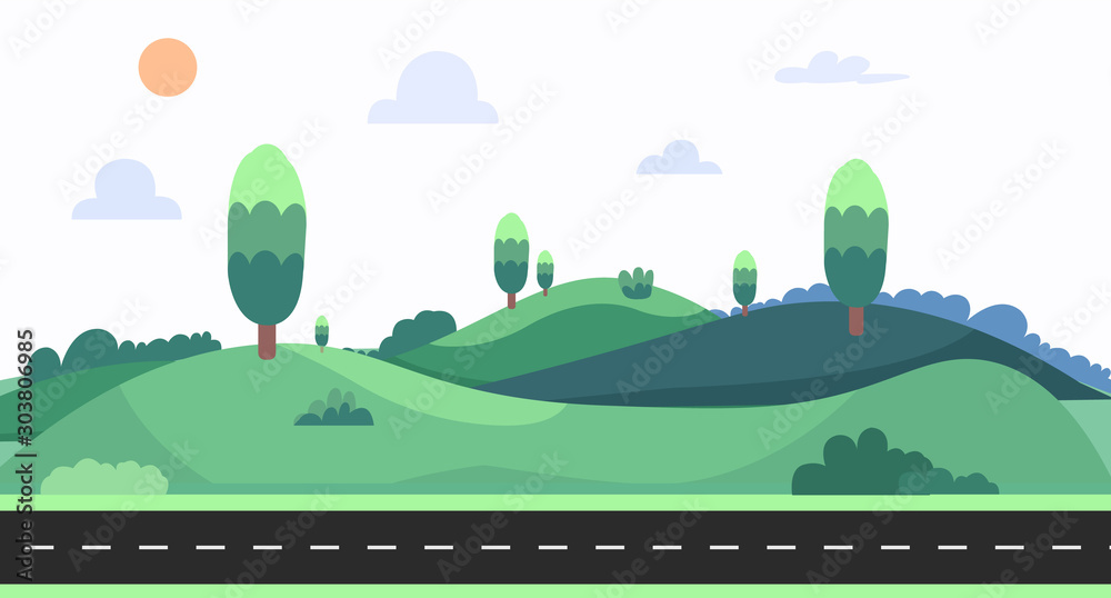 Fototapeta premium Nature landscape with sky background vector illustration.Cartoon nature scene with street.Meadown with hills in summer.nature landscape with road on summer day