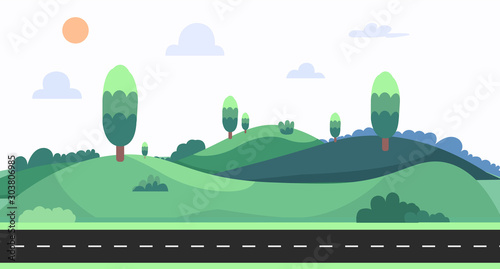 Nature landscape with sky background vector illustration.Cartoon nature scene with street.Meadown with hills in summer.nature landscape with road on summer day