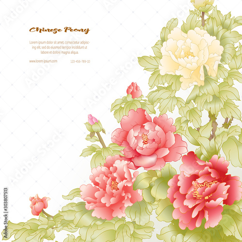 Peony tree branch with flowers in the style of Chinese painting on silk Template for wedding invitation, greeting card, banner, gift voucher, label. Colored vector illustration..