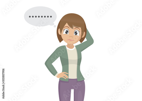Cartoon character Poses, Young woman scratching head pensive gesture and forgetful face expression.