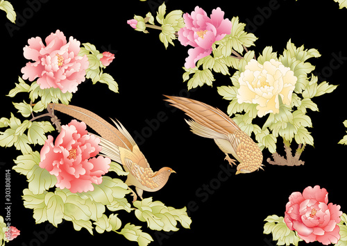 Peony tree branch with flowers with pheasants in the style of Chinese painting on silk Seamless pattern, background. Colored vector illustration. Isolated on black background..