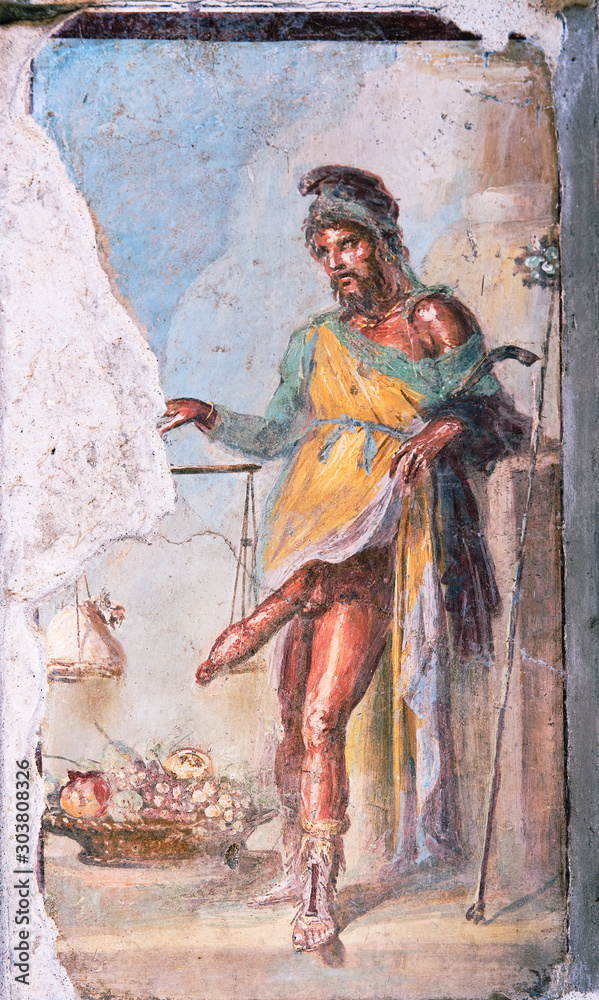 Ancient Fresco of the Roman divinity Priapus Pompeii,
