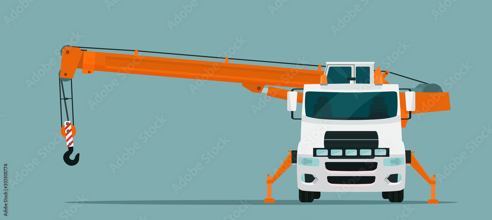 Fotografie Truck crane isolated, front view. Vector flat style illustration.